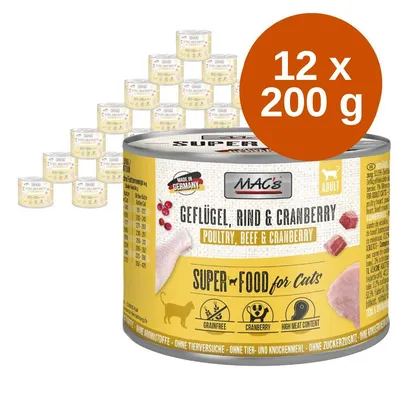 MAC's Geflügel, Rind & Cranberry macskaeledel, 12 x 200 g konzerv. Feliratok: grainfree, cranberry, high meat content, Made in Germany, SUPER FOOD for Cats, ADULT.