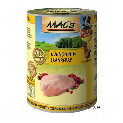 MAC's Huhnchen & Cranberry, 70 % Fleischanteil, getreidefrei, Made in Germany. Bild på kycklingfilé och tranbär på burkens framsida. Text på tyska.