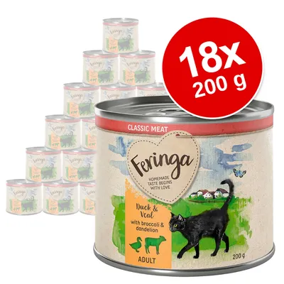 Lot de 18 boîtes Feringa Classic Meat pour chat adulte, canard et veau avec brocoli et pissenlit, 200 g chacune. Texte visible : 18x 200 g, Duck & Veal with broccoli & dandelion, ADULT. Lot de 18 boîtes Feringa Classic Meat pour chat adulte, canard et veau avec brocoli et pissenlit, 200 g chacune. Texte visible : 18x 200 g, Duck & Veal with broccoli & dandelion, ADULT.