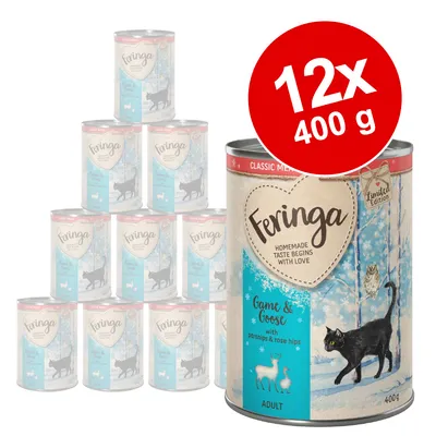 Lot de 12 boîtes Feringa Game & Goose, édition limitée, 400 g chacune. Texte visible : Homemade taste begins with love, with parsnips & rose hips, Adult.
