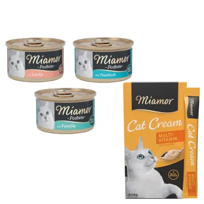 Miamor Kombi-Paket: 12 x 85 g Pastete + 12 x 16 g Multi-Vitamin Cream Snacks - Pastete mit Fisch (3 Sorten) + Snack Multi-Vitamin Cream