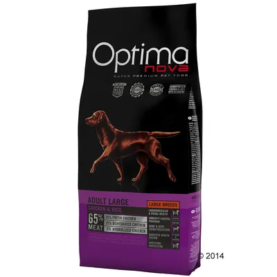 Optimanova Adult Large Chicken & Rice hondenvoer, 65% vlees (35% verse kip, 25% gedehydreerde kip, 5% gehydrolyseerde kip), voor grote rassen. Tekst: super premium pet food.