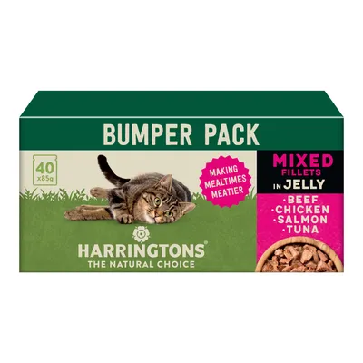 Bumper pack of mixed fillets in jelly, 40 x 85g portions. Flavours: beef, chicken, salmon, tuna. Text: making mealtimes meatier. The Natural Choice.