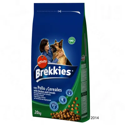 Упаковка корма для собак affinity Brekkies con Pollo y Cereales, 20 кг. Видны гранулы корма и надписи на нескольких языках, включая английский и испанский.
