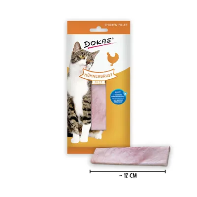Dokas Hühnerbrust Filet pour chat, filet de poulet visible dans l’emballage, texte en allemand et anglais, morceau d’environ 12 cm montré devant le paquet.