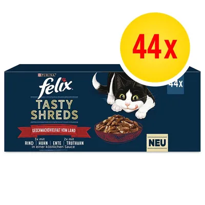 Boîte Purina felix Tasty Shreds, 44x portions. Texte en allemand : Geschmacksvielfalt vom Land, Rind, Huhn, Ente, Truthahn. Illustration d’un chat et bol de nourriture.