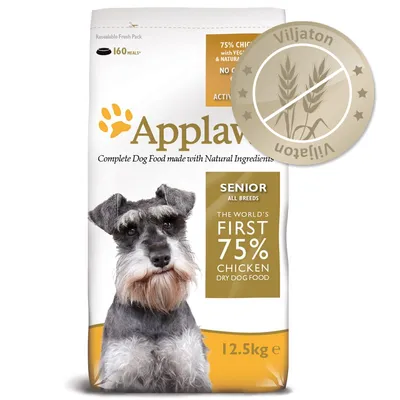 Applaws Senior All Breeds koiran kuivaruoka, 75 % kanaa, viljaton, 12,5 kg. Teksti: 'The world's first 75% chicken dry dog food', 'Viljaton'. Kuvassa schnauzer-rotuinen koira.