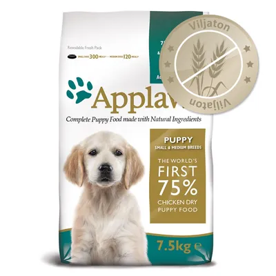 Applaws Puppy Small & Medium Breeds, 7,5 kg. Viljaton. Teksti: The world's first 75% chicken dry puppy food. Pakkauksessa koiranpentu ja tassunjälki.