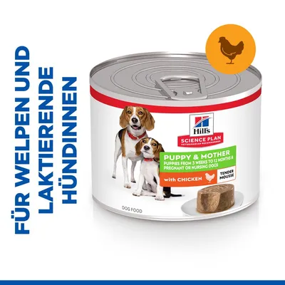 Hill's Science Plan Puppy & Mother s piščancem, primerno za mladiče od 3 tednov do 12 mesecev in doječe samice. Receptura Tender Mousse.