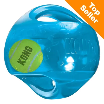 KONG blauwe kunststof bal met handvatten, zichtbare gele tennisbal met KONG-opdruk binnenin. Oranje hoeklabel met witte tekst: Top Seller.
