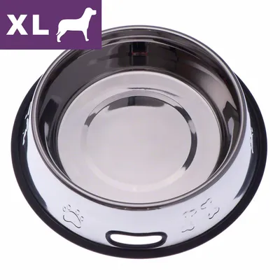 XL-kokoinen ruostumattomasta teräksestä valmistettu koiran ruokakuppi, reunassa tassun ja luun kuviot, liukueste pohjassa. Yläkulmassa violetti laatikko: XL ja koiran siluetti. XL-kokoinen ruostumattomasta teräksestä valmistettu koiran ruokakuppi, reunassa tassun ja luun kuviot, liukueste pohjassa. Yläkulmassa violetti laatikko: XL ja koiran siluetti.