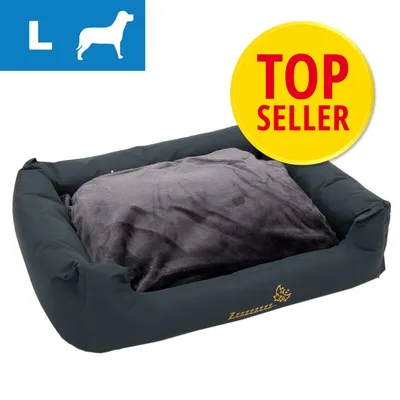 Koiranpeti, koko L, musta reunus ja harmaa tyyny. Keltainen merkki: TOP SELLER. Vasemmalla sininen laatikko, jossa valkoinen koiran siluetti ja kirjain L.