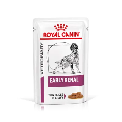 Royal Canin Veterinary Early Renal, fatias finas em molho. Embalagem com imagem de cão e nome do produto visíveis.