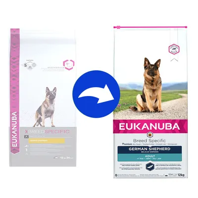 Cambio confezione Eukanuba Breed Specific German Shepherd Adult 12 kg: a sinistra vecchio design, a destra nuovo design con cane pastore tedesco seduto su sentiero. Testo visibile in inglese.