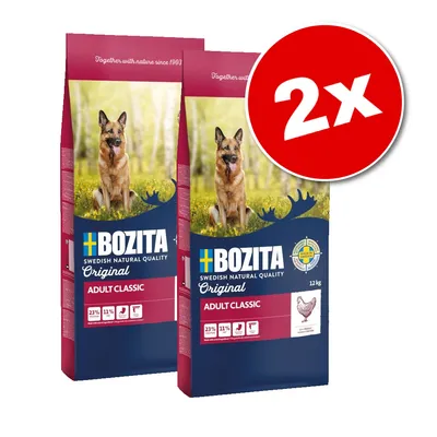 2 пакета Bozita Original Adult Classic 12 кг, изображение на куче, текст: 23% протеин, 11% мазнини, икона на пиле, шведско качество. Надпис 2x в червен кръг.