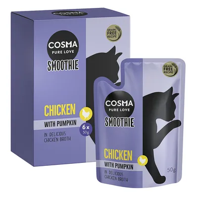Cosma Smoothie Chicken with Pumpkin, viljaton resepti. Pakkaus sisältää 6 x 50 g pussia herkullisessa kanaliemessä.
