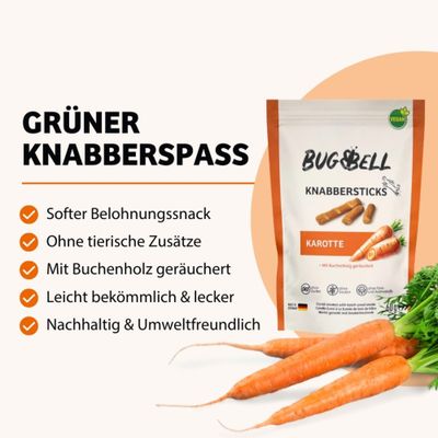 BUGBELL Knabbersticks Karotte. Softer Belohnungssnack, ohne tierische Zusätze, mit Buchenholz geräuchert, leicht bekömmlich, nachhaltig und umweltfreundlich.