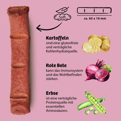 Soft-Kaustange, ca. 65 x 10 mm. Kartoffeln: glutenfreie Kohlenhydratquelle. Rote Bete: stärkt Immunsystem und Wohlbefinden. Erbse: verträgliche Proteinquelle mit Aminosäuren.