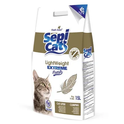 Sepicat LightWeight Extreme Fresh żwirek dla kotów, 9 kg, 15 l, zbrylający się, o świeżym zapachu, 40% lżejszy, długotrwały. Obraz kota i pióra jako symbol lekkości.