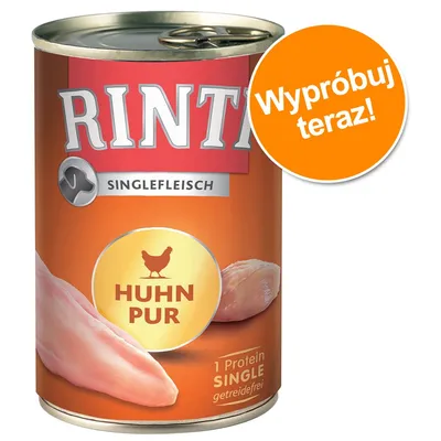 Rinti Singlefleisch Huhn Pur, 1 Protein Single, getreidefrei. Pomarańczowe kółko z napisem: Wypróbuj teraz! Tekst na puszce w języku niemieckim.