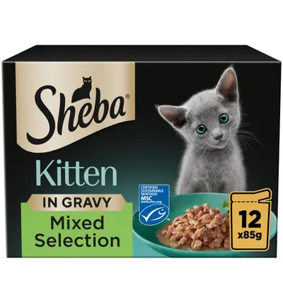 Sheba Kitten in Gravy Mixed Selection, 12 packs of 85g each, certified sustainable seafood MSC label visible on packaging.