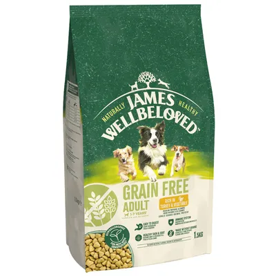 Grain free adult food, rich in turkey and vegetable, hypoallergenic, easy to digest, supports healthy skin, coat and immune system. 1.5kg bag shown.