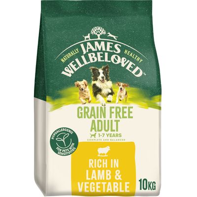 Grain free adult food for ages 1-7, hypoallergenic for pets with sensitivities, rich in lamb and vegetable, 10kg bag.