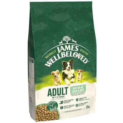 James Wellbeloved Adult 1-7 Years, rich in duck and rice, hypoallergenic dry food for sensitive pets, supports healthy digestion, skin, coat and immune system, 12kg bag.