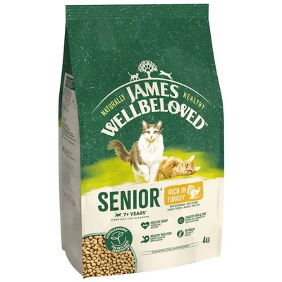 James Wellbeloved Senior, rich in turkey, for pets aged 7+ years. Hypoallergenic, healthy heart, digestion, skin and coat, no wheat. 4kg bag. Complete and balanced.