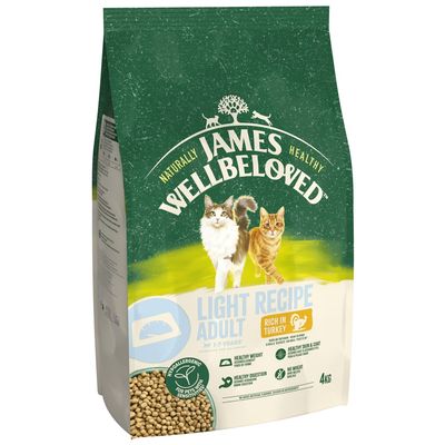 Bag labelled 'Light Recipe Adult, rich in turkey, for pets aged 1-7 years'. Highlights: hypoallergenic, healthy weight, healthy digestion, healthy skin and coat, no wheat. 4kg.