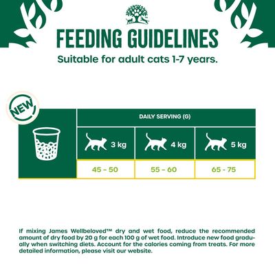 Feeding guidelines for adult cats 1-7 years: 3kg cat 45-50g, 4kg cat 55-60g, 5kg cat 65-75g daily. Adjust dry food by 20g per 100g wet food when mixing.
