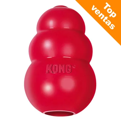 Juguete de goma roja KONG con inscripción 'KONG' visible. Esquina superior derecha con texto: Top ventas. Juguete de goma roja KONG con inscripción 'KONG' visible. Esquina superior derecha con texto: Top ventas.
