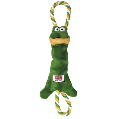 KONG Knots Spielzeug in Form eines grünen Frosches mit Plüschkörper und zwei Seilschlaufen, gelb-weiss-grün geflochten.
