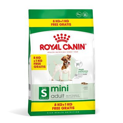 Royal Canin mini adult hondenvoer, 8 kg + 1 kg gratis, voor kleine honden tot 10 kg, afbeelding van een hond op de verpakking, zichtbare tekst: Weight maintenance, optimal health.