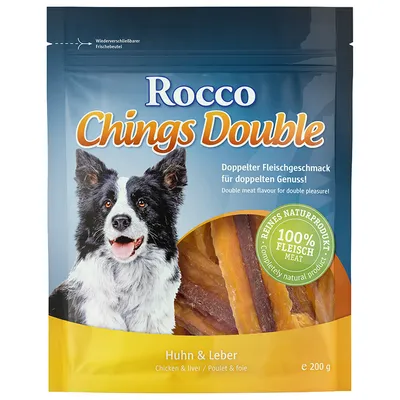 Rocco Chings Double koiranherkut, kana ja maksa, 100 % lihaa, 200 g. Pakkauksessa koira ja ikkuna, josta näkyy tuotteen sisältö. Teksti: Doppelter Fleischgeschmack für doppelten Genuss.