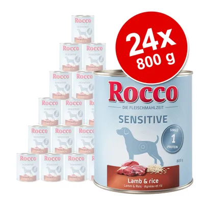 Rocco Sensitive Lamb & rice, 24 x 800 g dåser. Tekst på dåse: DIE FLEISCHMAHLZEIT, SINGLE 1 PROTEIN, 800 g. Billede af hund, lam og ris. Rocco Sensitive Lamb & rice, 24 x 800 g dåser. Tekst på dåse: DIE FLEISCHMAHLZEIT, SINGLE 1 PROTEIN, 800 g. Billede af hund, lam og ris.