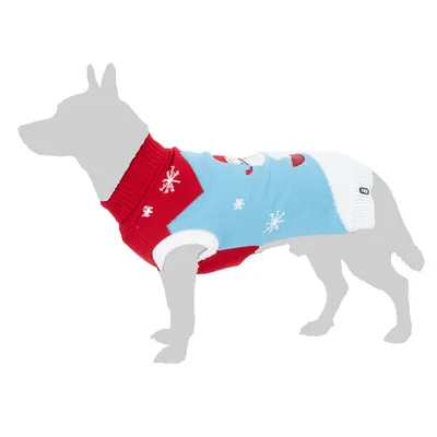 Hundepullover mit rotem Kragen, blauem und rotem Design sowie Schneeflocken-Muster. Sichtbar auf einem Hundemodell.