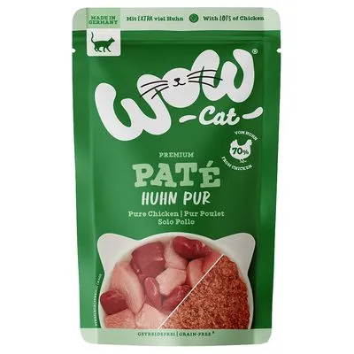 WOW Cat Premium Paté Huhn Pur, 70% kip, graanvrij. Tekst: Made in Germany, mit extra viel Huhn, with lots of chicken, pure chicken, pur poulet, solo pollo.