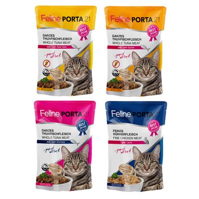Feline Poulet, morceaux de poulet entier, 100 g, lot de 24 sachets. Texte visible en anglais, allemand, néerlandais et finnois. Image d’un chat sur l’emballage.