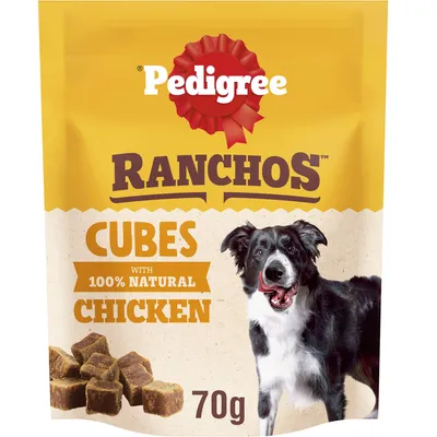 Rancho cubes with 100% natural chicken, 70g pack. Image shows product cubes and a dog beside the packaging.