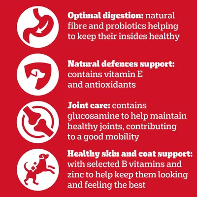 Optimal digestion with fibre and probiotics, natural defences support with vitamin E and antioxidants, joint care with glucosamine, healthy skin and coat support with B vitamins and zinc.