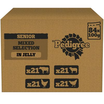 Senior mixed selection in jelly, 84 x 100g packs. Contains 21 each of beef, lamb, chicken, and poultry varieties.
