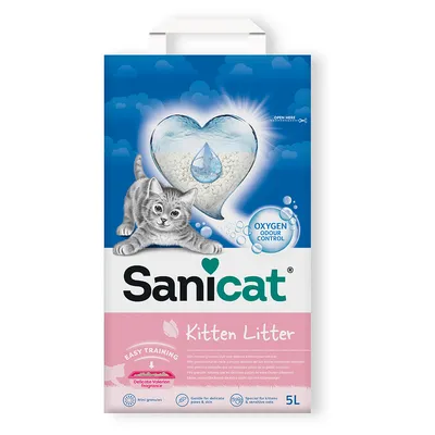 Sanicat Kitten Litter, 5L. Med Oxygen Odour Control och mild doft av valeriana. Särskilt lämplig för känsliga katter och kattungar. Mini-granulat, skonsam mot tassar och päls.