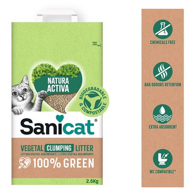Sanicat Natura Active Vegetal Klontvormende Kattenbakvulling, 100% groen, biologisch afbreekbaar en composteerbaar. Eigenschappen: chemievrij, geurbindend, extra absorberend, wc-geschikt.