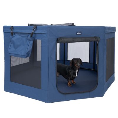 Modrá skladacia psia ohrádka so sieťovanými oknami a taškou na prenášanie, jazvečík vo vnútri. Značka: Brunolie.