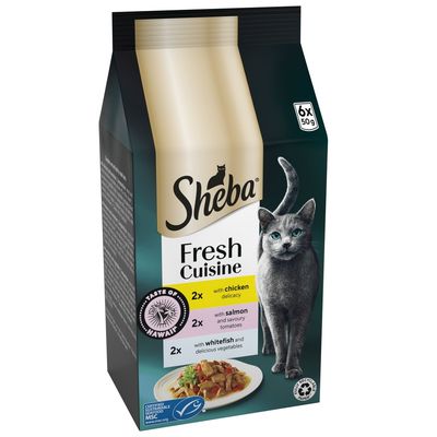 Sheba Fresh Cuisine variety pack, 6 x 50g portions: 2 with chicken delicacy, 2 with salmon and savoury tomatoes, 2 with whitefish and vegetables. Taste of Hawaii label visible.