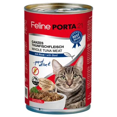 Feline Porta 21, filetti interi di tonno con manzo. Etichetta Besteller, senza zuccheri aggiunti, proposta di servizio con immagine di gatto e ciotola.