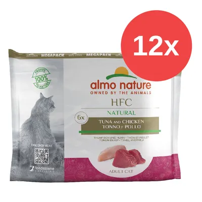 Almo Nature HFC Natural Megapack, 12x Portionen für erwachsene Katzen, Thunfisch und Huhn. Profits 100% to nature. QR-Code sichtbar.