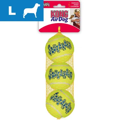 KONG AirDog, 3 żółte piłki tenisowe w siatce, rozmiar L, widoczny napis Squeakair na każdej piłce oraz opakowanie z logo KONG AirDog i informacją SQUEAKS JOUET COUINEUR.