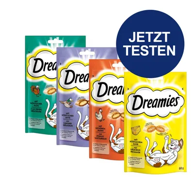Dreamies Snacks in vier Sorten: Pute, Ente, Huhn und Käse. Aufschrift 'Jetzt testen' im blauen Kreis.